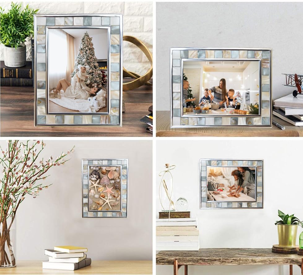 GIFTME 5 Silver Plate Picture Frame 5x7 Mother of Pearl 5 by 7 Photo Frame Mosaic Glass Tabletop Frame (Grey+ White,1pc)