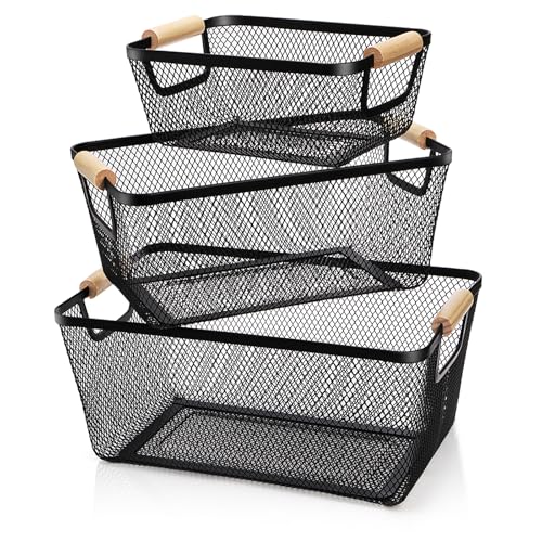Noamus 3 Pack Metal Mesh Basket with Wooden Handle, Farmhouse Wire Steel Storage Bins, Rectangle Fruit Vegetable Organizer...