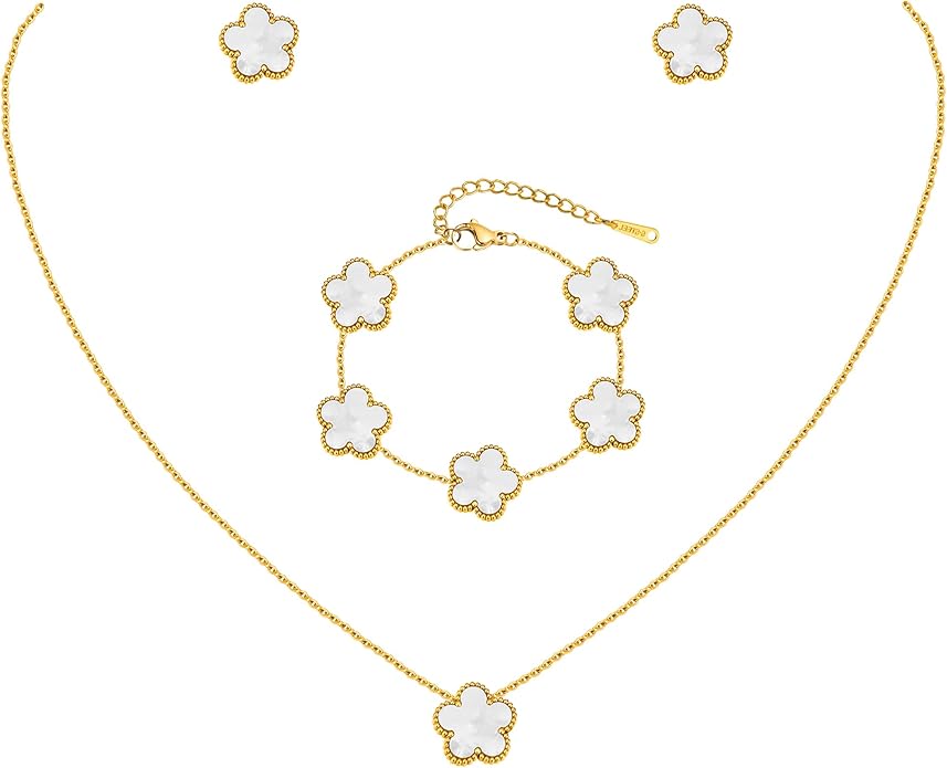 Gold Necklaces Bracelets Earring Set - 18K Gold Plated Flower Bracelet Chain,Stainless Steel Non Tarnish Floral Pendant St...