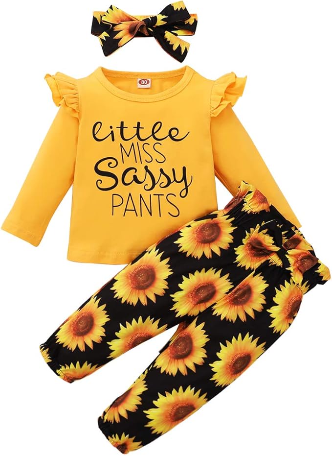 YALLET 3Pcs Toddler Girl Clothes Solid Color Long Sleeves Ruffle Top+Floral Pants+Headband 1-6 Years Fall/Winter Outfits Set