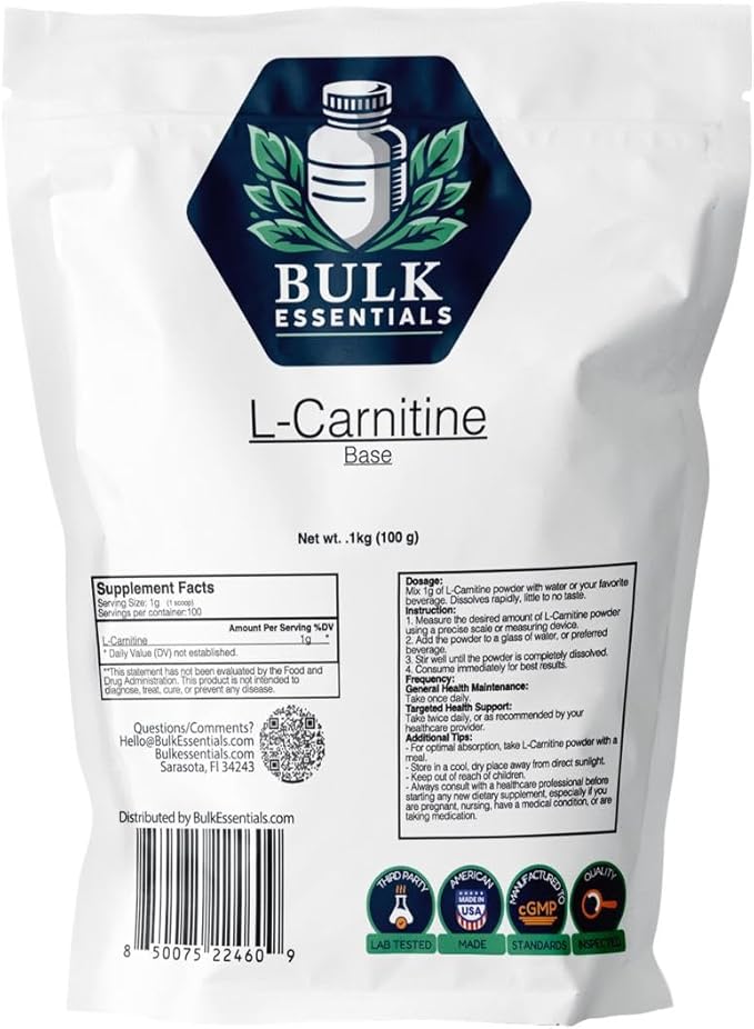Bulk Essentials l Carnitine Supplement – Unflavored 100g Amino Acid for Metabolism & Endurance – USA Made Non GMO, Gluten-...