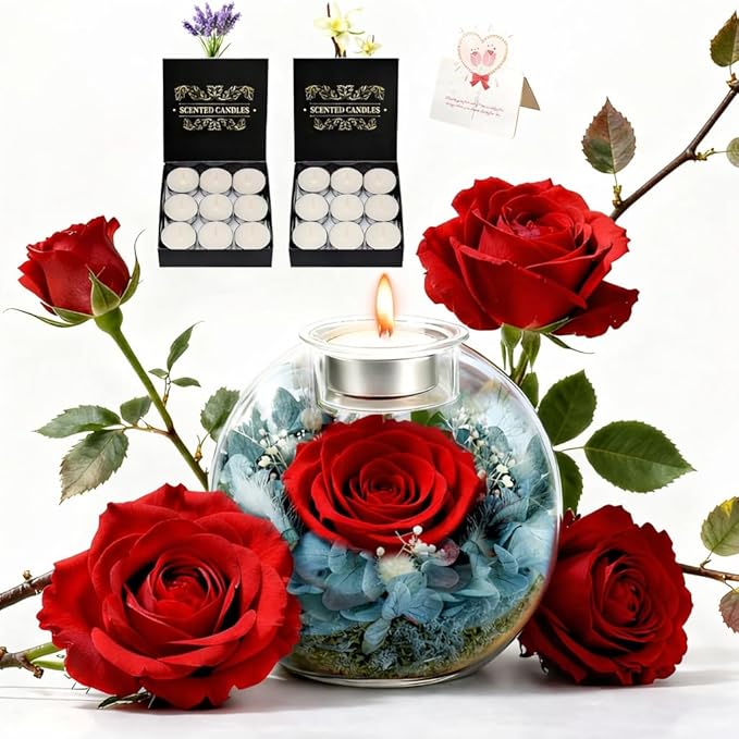 cdco Preserved Real Rose in Glass with Scented Candles for Mom Her Wife Girlfriend Grandma Birthday Anniversary Romantic
