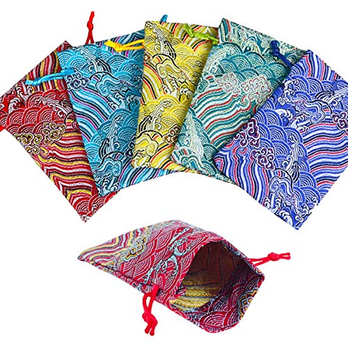 PINOWU 10pcs Silk Brocade Jewelry Pouch Bag 4x5.5 for Wedding Party Favors, Drawstring Coin Purse Embroidered Sachet Candy...