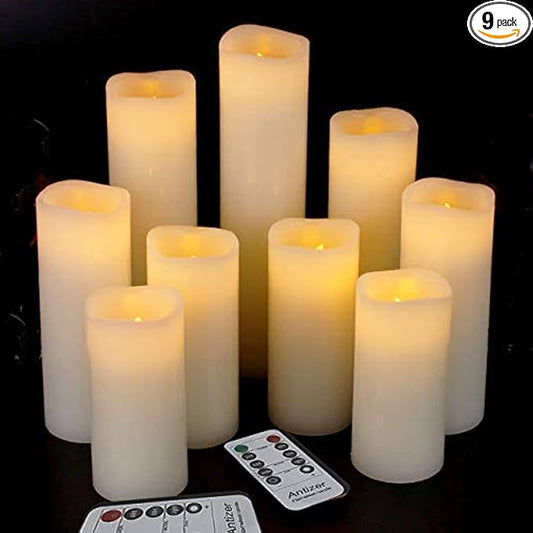 antizer Flameless Candles Led Candles Pack of 9 (H 4" 5" 6" 7" 8" 9" x D 2.2") Real Wax Battery Candles with Remote Timer ...