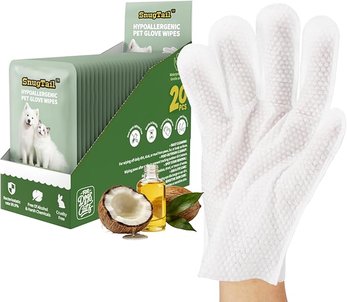 SnugTail Pet Wipes, Pet Glove Wipes for Dogs & Cats,Shedding Control, Dander Removal & Paw Cleaning, Travel Essentials for...
