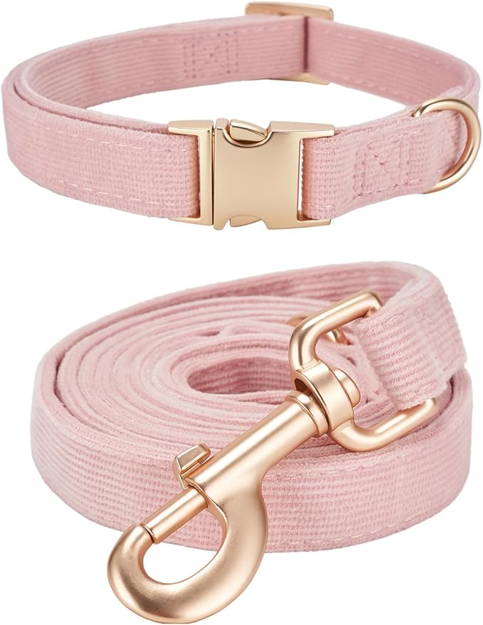 Ewinoom Soft Corduroy Dog Collar and Leash Set Adjustable Durable Dog Collars with Metal Buckle and Lead for Female Small ...