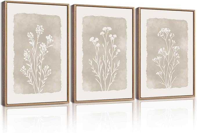 KUVIOKE Boho Botanical Flower Framed Wall Art Farmhouse Vintage Floral Wall Painting Rustic Wildflower Neutral Prints Artw...