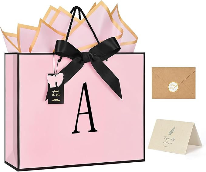 ZUKEPU Birthday Gift Bag, Personalized Initial Pink Gift Bags for Women & Girls, Medium Valentines Gift Paper Bags with Ca...
