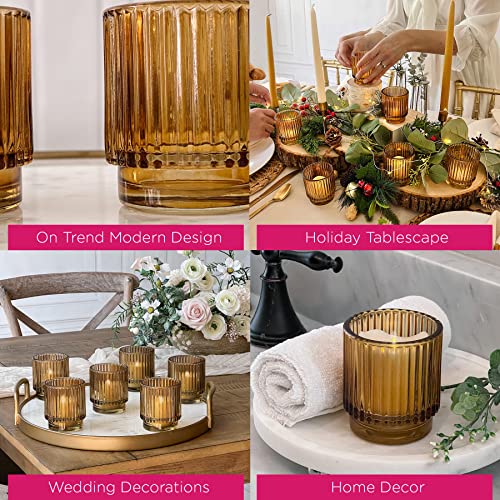 Kate Aspen Vintage Glass Tealight & Amber Votive Candle Holders (Set of 6) Rustic Fluted Candle Holder Set, Boho Home Deco...