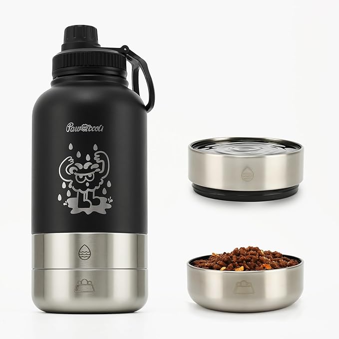 Pawccoli 34oz Dog Water Bottle, Stainless Steel Dog Water Bottle Dispenser with Detachable Food & Water Bowls, Keeps Water...