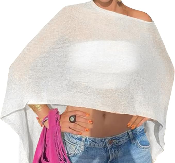 Vicarly Drop Shoulder Sheer Crochet Vacation Outfits Poncho Sweater Top Summer Beach Cover Up