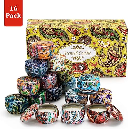 Set of 16 Small Scented Candles Soy Wax Aromatherapy Candles 2.5 OZ Portable Tin Candles with Lid, Relaxation Gifts Basket...
