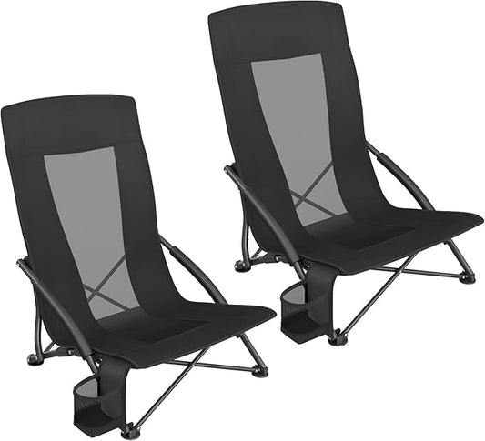 SONGMICS Set of 2 Portable Beach Chairs for Adults, Max. Load 330 lb Each, High Backrest, Cup Holder, Lightweight, Heavy-D...