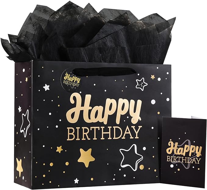 Powbrace Black Birthday Gift Bag with Tissue Paper and Greeting Card, 13'x10.2'x4.9', Medium (1-Piece Set, Black Starry Sk...