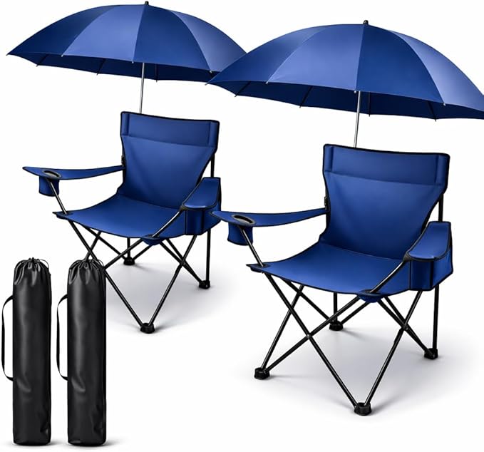 MakeBloom 2 Pack Portable Folding Camping Chairs with Adjustable Umbrella, Outdoor Canopy Chairs with Cup Holder, Lightwei...