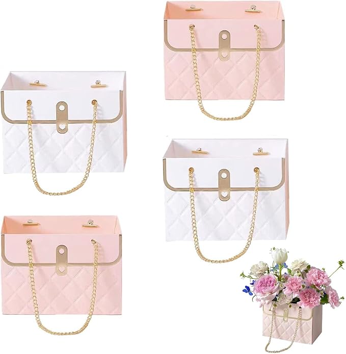 NADUSEP 4 PCS Flower Paper Gift Box, Bouquet Storage Bucket Florist Handbag with Metal Chain, Gift Craft Wrap Bag for Wedd...