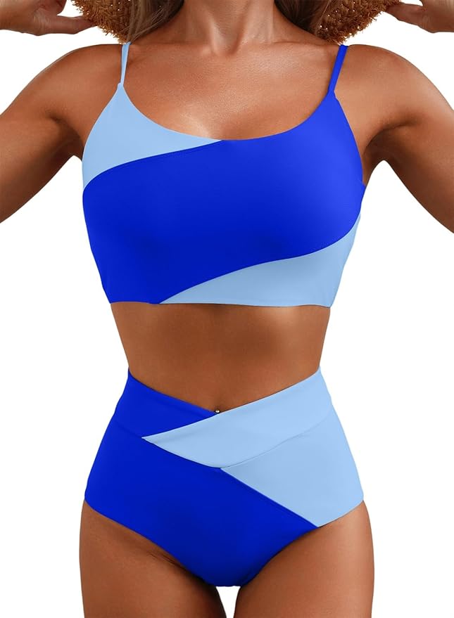 Herseas Women 2 Piece High Waisted Bikini Sets Color Block Popular Swimsuit 2026 Summer Beach Best Bathing Suits