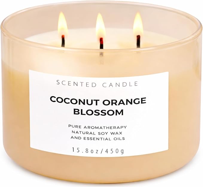 Coconut Orange Blossom Scented Candle - Large 3-Wick Aromatherapy Soy Candle, 15.8 oz - Highly Scented, Clean Burning, Lon...