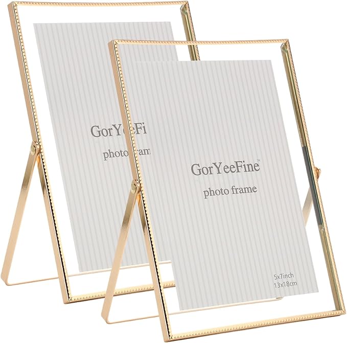 Gold 5x7'' Floating Frame Set of 2, For Photo Sizes (3.5 x5'', 4x 6'' up to 5x7'' ), Beautiful Metal Lace Edge Frames Adju...