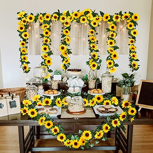 Uieke 3 Pack Artificial Sunflower Garland, 7.5ft/Strand Silk Sunflowers Hanging Vines Flowers with Green Leaves for Room K...