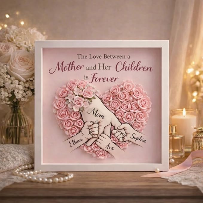 Personalized Mother’s Day Shadow Box Frame, Custom Mom Pink Rose Heart Art with Children Names, Unique Birthday Gift for G...