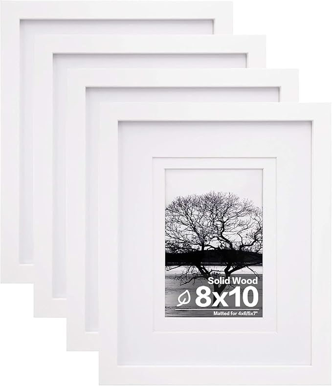 Egofine 8x10 Picture Frames Set of 4, Made of Solid Wood Covered by Plexiglass 4x6 and 5x7 with Mat or 8x10 without Mat, f...
