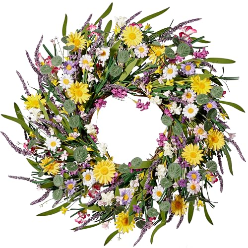 Sggvecsy Daisy and Lavender Wreath 24’’ Wildflower Wreath Spring and Summer Artificial Spring Silk Summer for Front Door H...