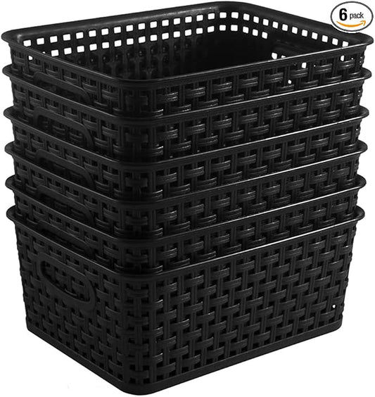 ZHENFAN Black Plastic Woven Storage Baskets, 6-Pack Weave Basket Organizer for Kitchen Office Bathroom