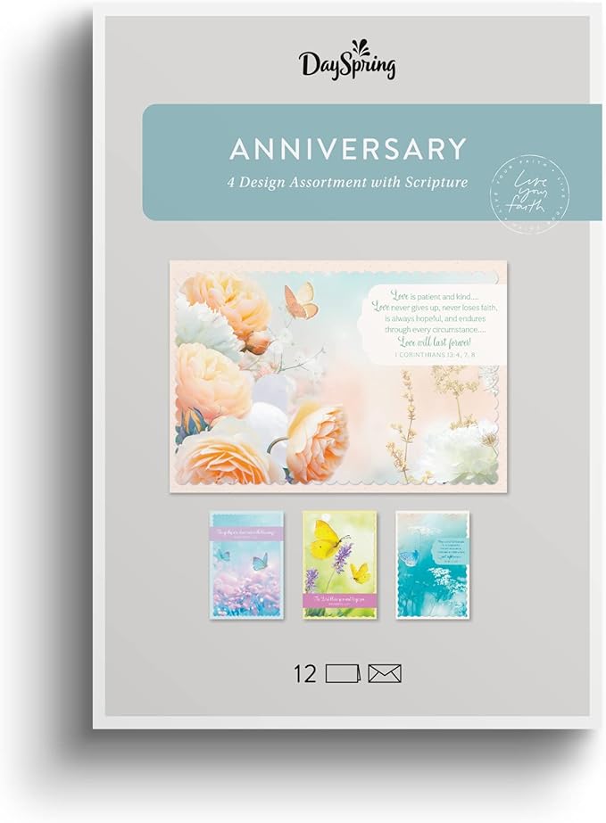 DaySpring - Anniversary Butterflies - 4 Floral Butterfly Designs Assortment with Scripture - 12 Anniversary Boxed Cards & ...