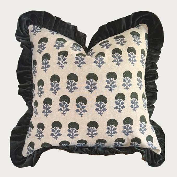Palm & Loom 100% Cotton Linen Cushion Cover - Aira Decorative Throw Pillow Case with Dark Green & Blue with Ruffle - Moder...