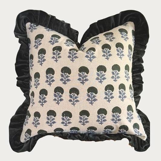 Palm & Loom 100% Cotton Linen Cushion Cover - Aira Decorative Throw Pillow Case with Dark Green & Blue with Ruffle - Moder...