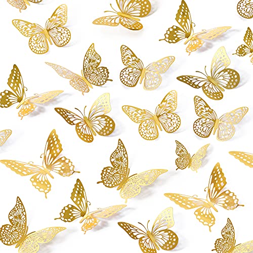 SAOROPEB 3D Butterfly Wall Decor - 48 Pcs, 4 Styles, 3 Sizes, Gold Butterfly Decorations for Birthday & Party Celebration...