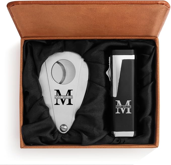 ROLYAD Engraved Stainless Steel Cigar Cutter & Black Triple Flame Torch Lighter Leather Box Personalized Custom (Block Ini...