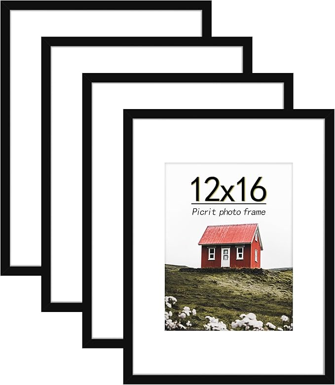 Picrit 12x16 Picture Frame Set of 4, Made of High Definition Real Glass, Display 8.5x11 with Mat or 12x16 without Mat, Pho...
