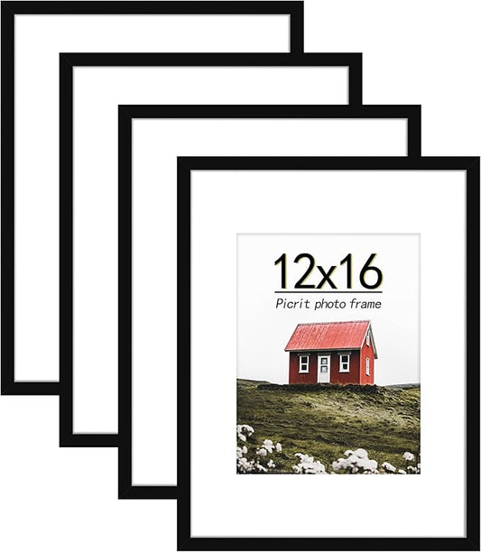 Picrit 12x16 Picture Frame Set of 4, Made of High Definition Real Glass, Display 8.5x11 with Mat or 12x16 without Mat, Pho...