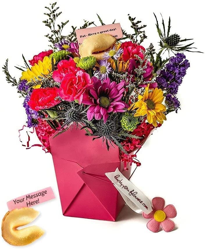 Pretty In Pink Fresh Cut Live Flowers Arranged in a Takeout Container with your Personal Message Tucked Inside a Fortune C...
