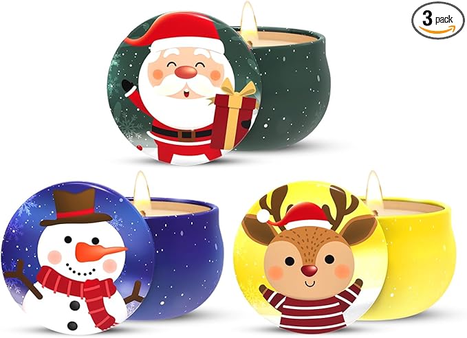 Set of 3 Small Christmas Soy Wax Scented Candles Gift Set for Women, Santa Claus Snowman and Elk Deer with Apple&Cinnamon,...