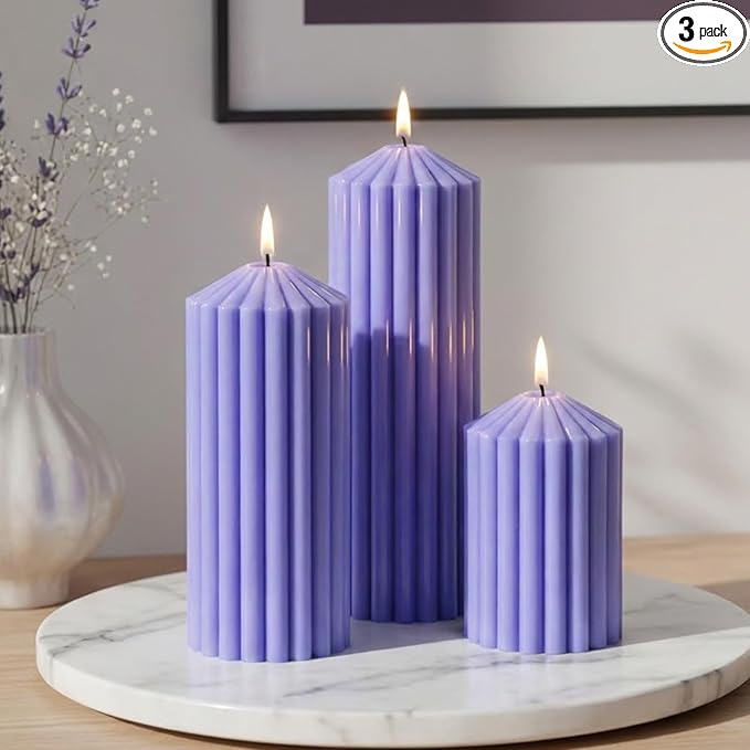 Purple Ribbed Pillar Candles Set of 3 - Lavender Scented Soy Wax Candles for Stress Relief & Sleep,Aesthetic Textured Deco...
