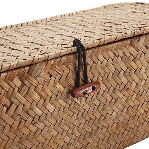DECRAFTS Seagrass Storage Basket with Lid Rectangular Small Woven Shelf Baskets with Sections for Organize Snack Toys Tampon