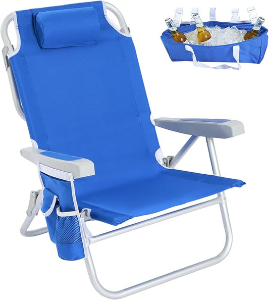 SUNNYFEEL Low Beach Chair 5 Position Lay Flat, Portable Folding Backpack Beach Chairs Heavy Duty with Cooler Bag, Cup Hold...