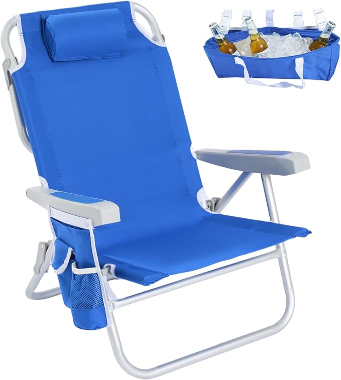 SUNNYFEEL Low Beach Chair 5 Position Lay Flat, Portable Folding Backpack Beach Chairs Heavy Duty with Cooler Bag, Cup Hold...