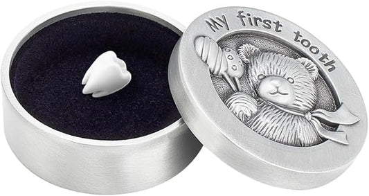 FINGERINSPIRE My First Tooth Keepsake Box Antique Silver Column Bear Keepsake Gift Box with Velvet Inside Tooth Collection...