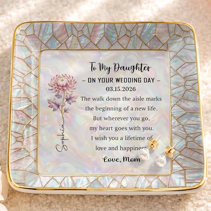 to My Daughter on Your Wedding Day, Personalized Floral Ceramic Jewelry Tray for Daughter from Mom, Custom Birth Flower Tr...