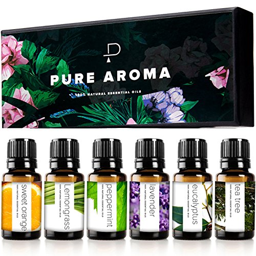 Essential Oils Set by Pure Aroma - Top 6 Aromatherapy Oils Gift Set-6 Pack, 10ml (Eucalyptus, Lavender, Lemongrass, Sweet ...