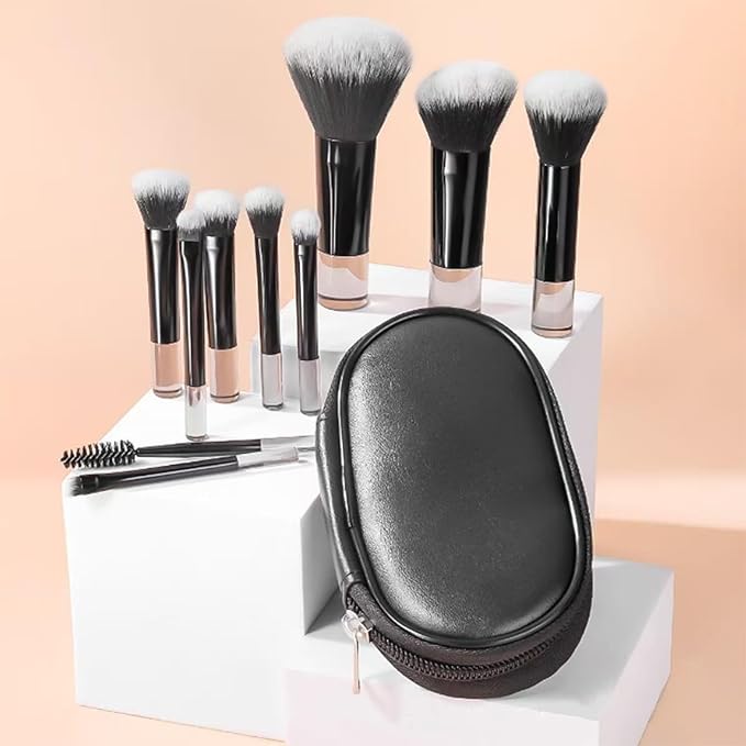 10 Pcs Mini Travel Makeup Brush Set Professional Portable with Pouch for Blush Powder Eye Shadow