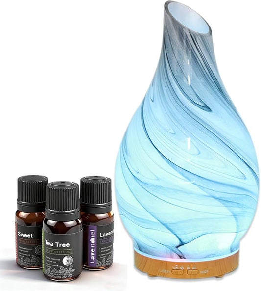 Glass Essential Oil Diffuser with 3 Aromatherapy Oils,200ml Small Humidifier with Timer,7 LED Color Lights,Waterless Auto ...