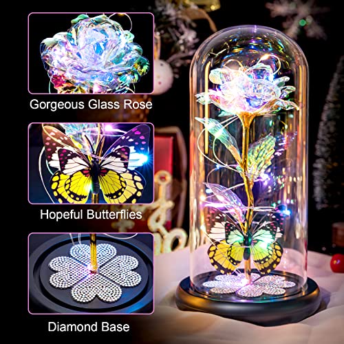 Mothers Day Rose Gifts for Mom Birthday Gift for Women Galaxy Glass Rose in Glass Dome Forever Eternal Crystal Roses with ...