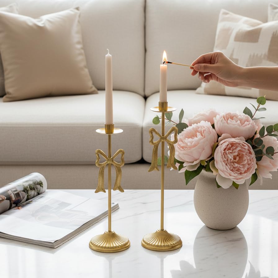 Remenna Bow Taper Candle Holders, Set of 2 Candle Stick Holders Set, Modern Decorative Centerpiece for Table Mantel Weddin...