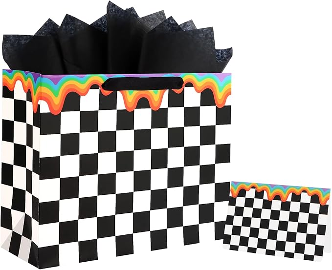 ASYEHJNR 13" Large Size Checkered Rainbow Gift Bag Black and White Plaid Gift Bag with Greeting Card and Tissue Paper for ...