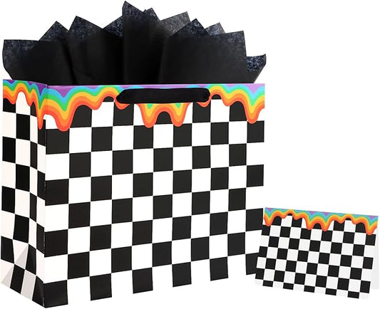 ASYEHJNR 13" Large Size Checkered Rainbow Gift Bag Black and White Plaid Gift Bag with Greeting Card and Tissue Paper for ...